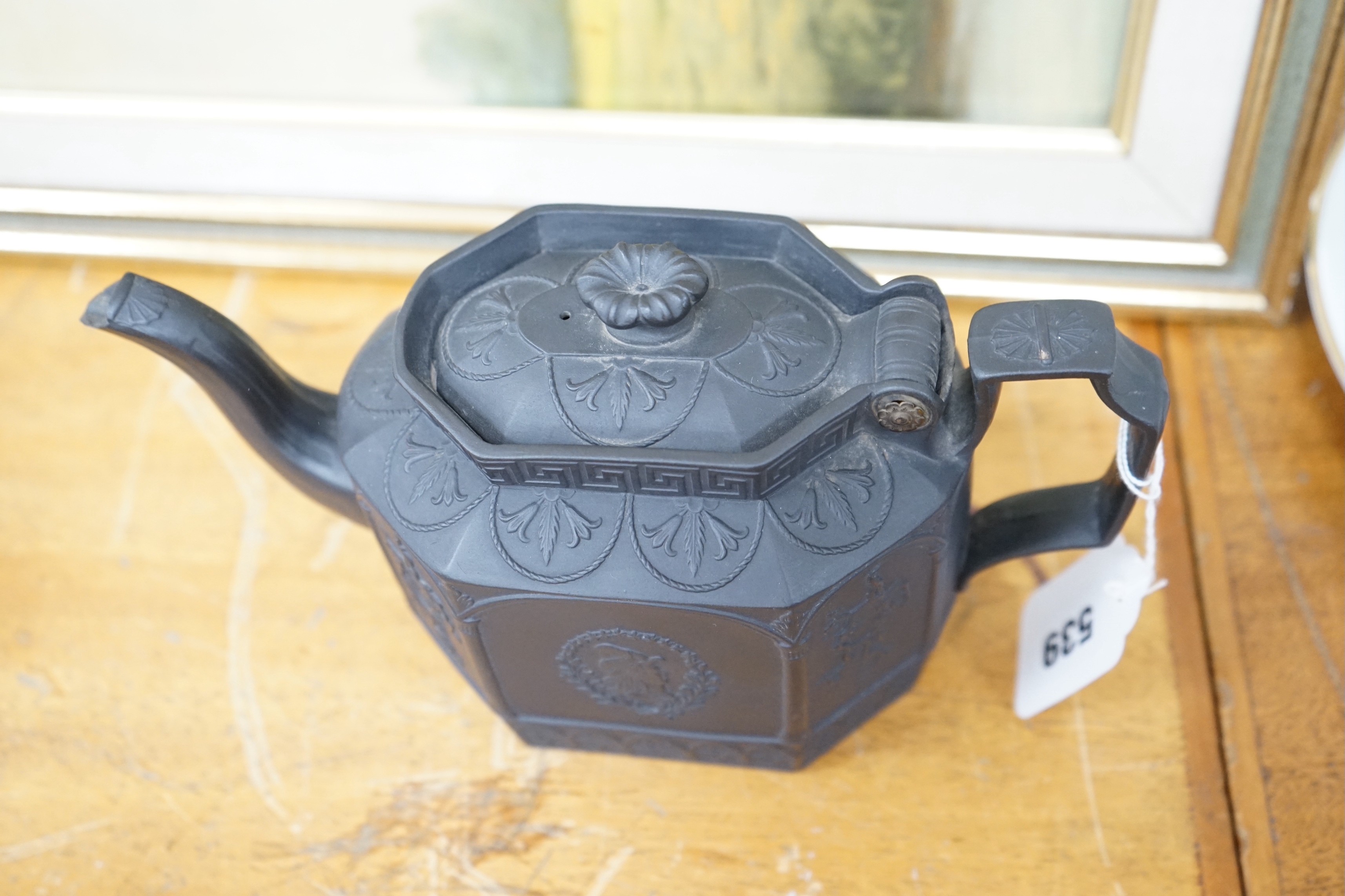 A 19th century American commemorative black basalt teapot 14.5cm